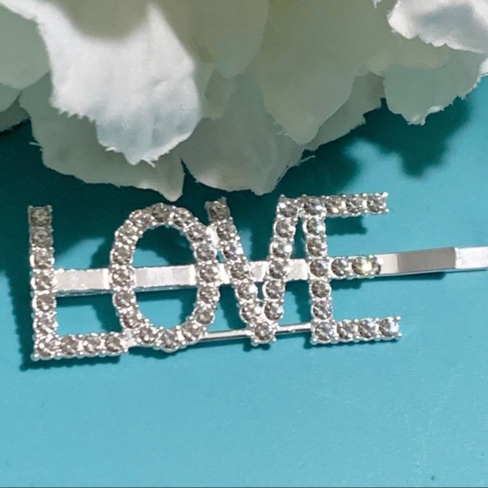 Rhinestone Words Love Silver Hair Clip - Picture 8 of 9